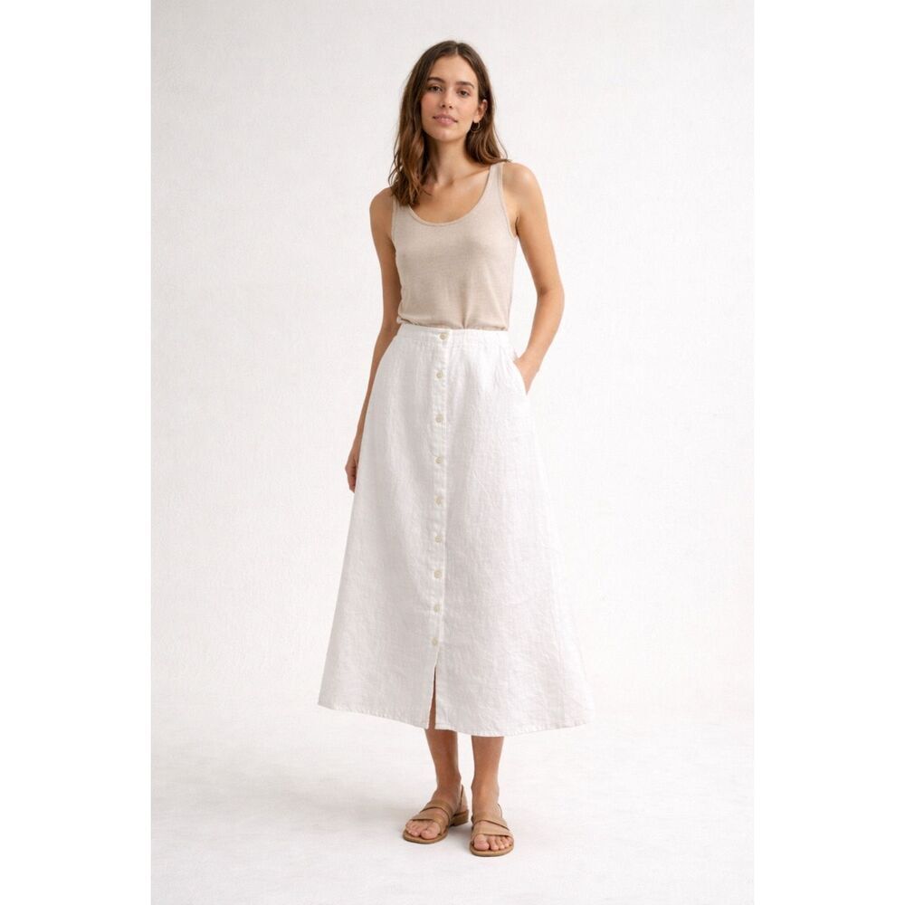 Autograph New York White Linen Button-Front Midi Skirt Size 12